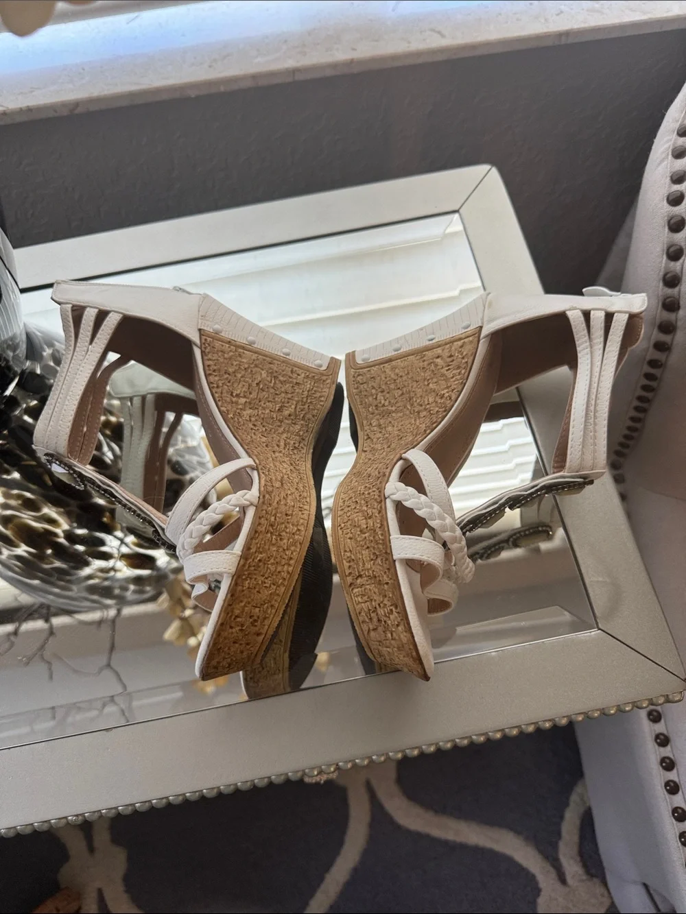 Patrizia Pepe White Braided Cork Wedge Sandals with Embellishments